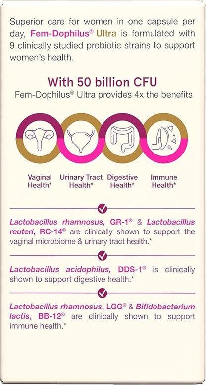 Jarrow Formulas Fem-Dophilus Vaginal & Digestive Probiotic 50 Billion CFU, 9 Clinically-Studied Strains, for Vaginal Flora & Yeast Balance, Urinary Tract, Digestive, 30 Capsules (Pack of 2)