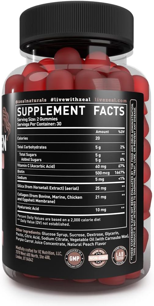 Multi Collagen Peptide Gummies (1, 2, 3, 5 & 10) + Vitamin C + Biotin + Hyaluronic Acid | Supports Healthy Hair, Skin, and Nails | Non-GMO and Gluten-Free | Natural Peach Flavor | 60 Gummies