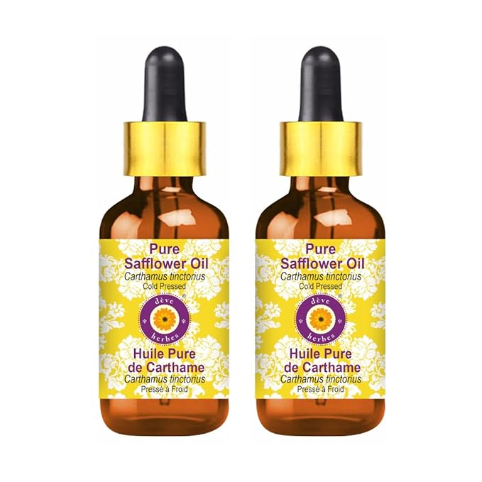 Deve Herbes Pure Safflower Oil (Carthamus tinctorius) with Glass Dropper Cold Pressed (Pack of Two) 100ml X 2 (6.76 oz)