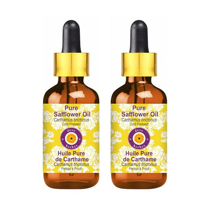 Deve Herbes Pure Safflower Oil (Carthamus tinctorius) with Glass Dropper Cold Pressed (Pack of Two) 100ml X 2 (6.76 oz)