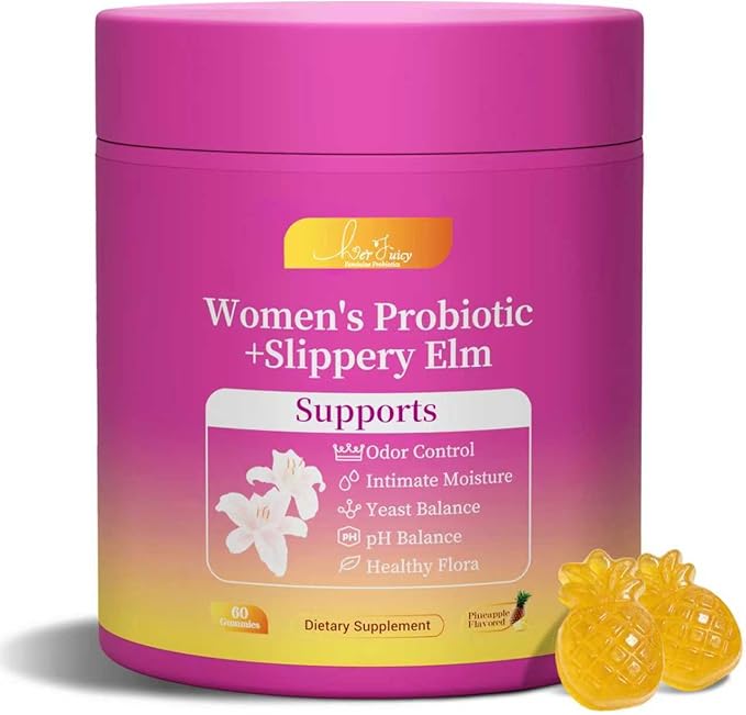 Her Juicy Feminine Probiotics Gummies for Women with Slippery Elm - Pineapple Flavor, pH Balance & Immune Health Support - Digestive & Feminine Support - Vegan Supplement, 60 C