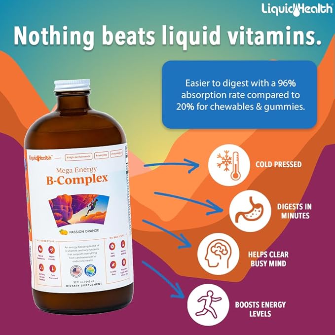 LIQUIDHEALTH Mega Energy B-Complex & Neurologic Nootropic Liquid Supplement Bundle for Adults - Increase Natural Energy Levels, Improve Memory, Alertness & Focus, Boost Mood - Vegan, Non-GMO, USA Made