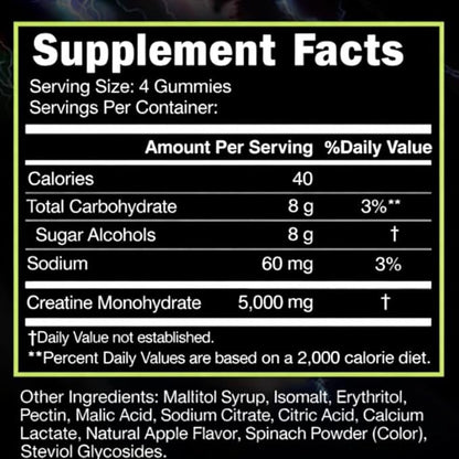 Sugar Free Creatine Monohydrate Gummies – 5g Creatine Per Serving, Sour Green Apple Flavor, Vegan, Low-Calorie, No Artificial Colors, Made in USA (120 Gummies)