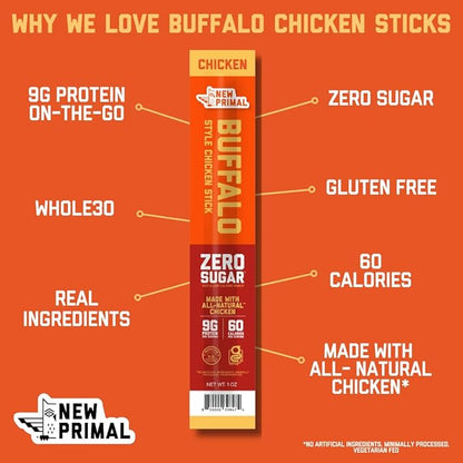 New Primal Buffalo Chicken Sticks, Keto, Gluten Free Healthy Snacks, Sugar Free Low Carb High Protein, Jerky Meat Stick, 9g Protein, 5 Pack