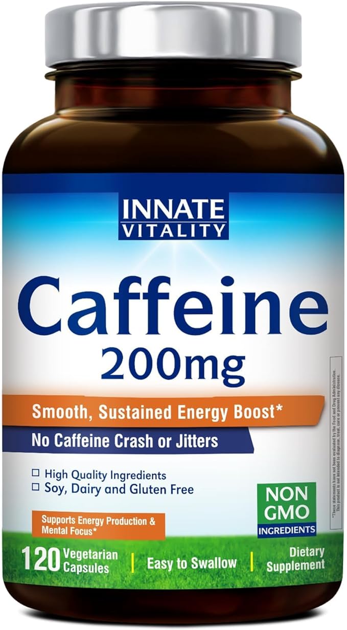 Innate Vitality Caffeine, 200 mg Caffeine Pill for Men & Women, No Crash or Jitters, Non GMO, No Gluten, Boost Energy Levels & Mental Focus, 120 Vegan Capsules
