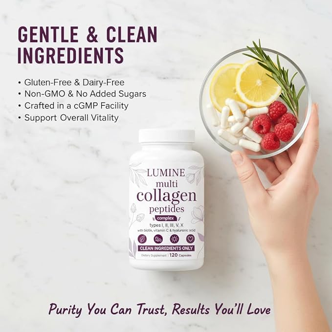 LUMINE Multi Collagen Complex Capsules – Hydrolyzed Protein Peptides Types I, II, III, V & X for Hair, Skin, Nails & Joint Support – Non-GMO, Gluten-Free & Easy to Swallow (120 Capsules)