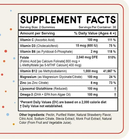 Folinic Acid Gummies for Kids & Adults – with L-Methylfolate Methyl B12, P5P B6, Magnesium Glycinate, Vitamin D3 & C Methylated Folate Support for Brain,Focus, Mood & Cellular Health – 5-MTHF