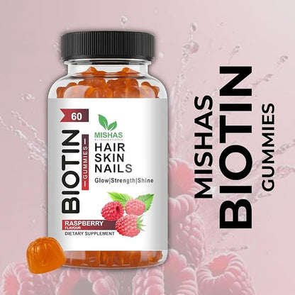 Mishas Nutraceuticals Hair Skin & Nails Gummies - Supports Healthy Hair - Vegan biotin Vitamins for Women & Men Supports Faster Hair Growth, Stronger Nails, Healthy Skin, Extra Strength 60 Counts