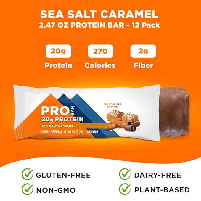 PROBAR - PROTEIN Bar, Sea Salt Caramel, Non-GMO, Gluten-Free, Healthy, Plant-Based, Whole-Food Ingredients, Natural Energy (12 Count)