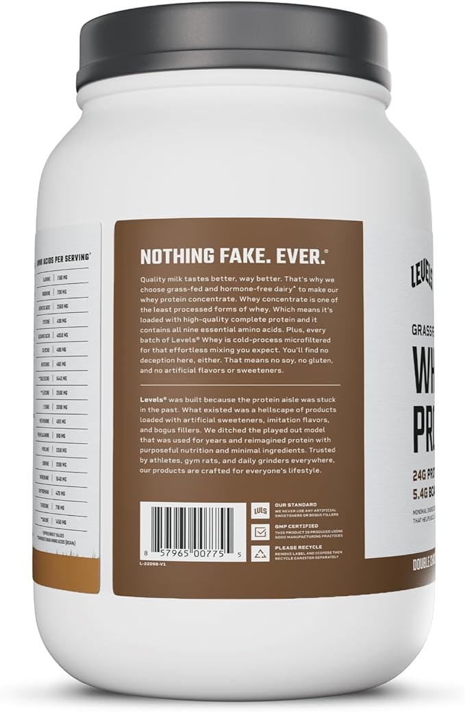 Levels Grass Fed Whey Protein Powder, No Artificials, 24G of Protein, Double Chocolate, 2LB