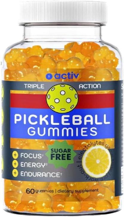 Pickleball Gummies | Triple Action Endurance Focus Energy | With 5 Electrolytes and Vitamin B | Vegan and Keto Non-GMO | Game-Time readiness and endurance | Lemon Sugar Free gummies | 60 ct