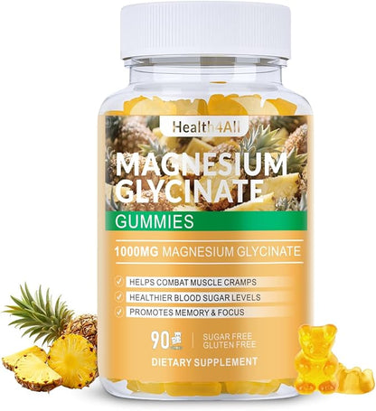 Magnesium Glycinate Gummies 1000mg, High Absorption Sugar Free Magnesium Potassium Supplement for Relaxation, Stress Relief, and Sleep Support for Adults & Kids - 180 Pineapple Gummies