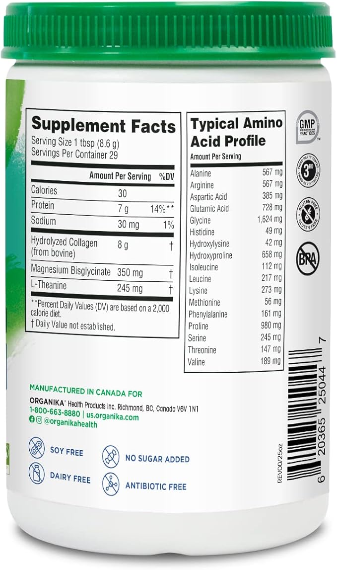 Organika Enhanced Relax Collagen Peptides Powder with L-Theanine & Magnesium Bisglycinate (9 oz): Enriched Collagen Powder for Women & Men - Skin, Hair, Joints - Sleep, Vitality, Relaxation