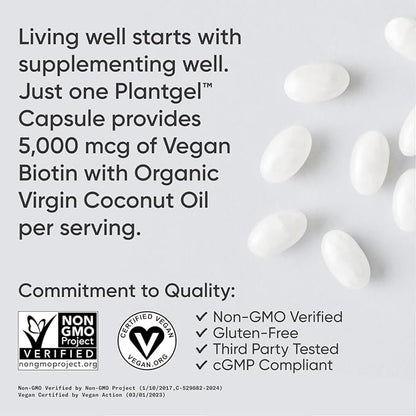 Sports Research® Biotin 5,000mcg with Organic Coconut Oil - Biotin (Vitamin B7) for Healthy Skin and Hair Support* - for Women and Men - Vegan, Non-GMO, Gluten & Soy-Free - 120 Veggie Softgels