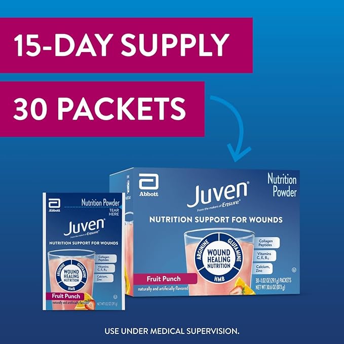Juven Therapeutic Nutrition Drink Powder Including Collagen Peptides, Amino Acids, and HMB for Wound Healing Support, Fruit Punch, 30 Count (Pack of 2)