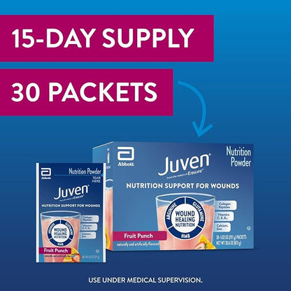 Juven Therapeutic Nutrition Drink Powder Including Collagen Peptides, Amino Acids, and HMB for Wound Healing Support, Fruit Punch, 30 Count (Pack of 2)