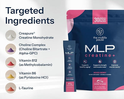Midlife Pause MLP Creatine +, Creapure Creatine Powder, Mixed Berry 30 Servings, Stick Packs, 5g per Serving, Alpha GPC + B Vitamins Supports Strength, Lean Muscle, & Recovery for Women
