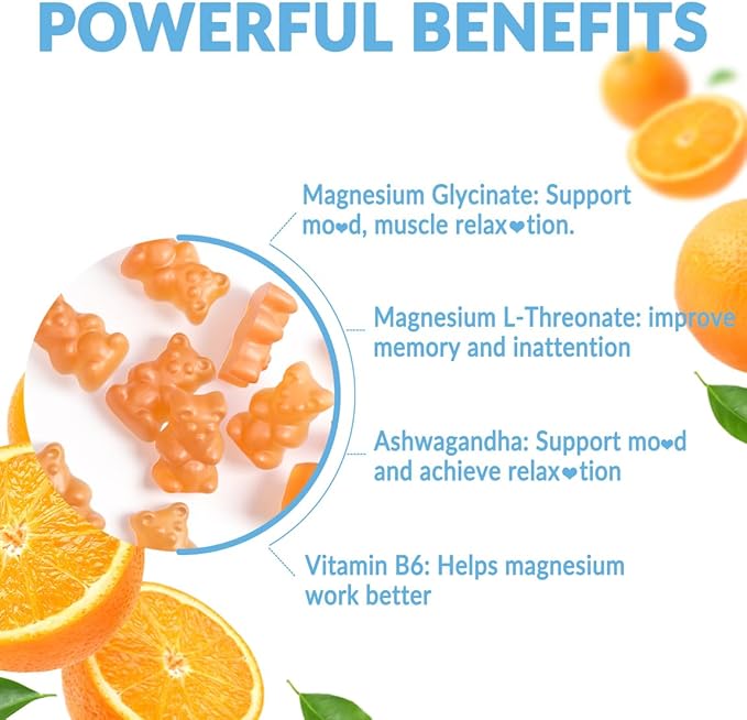 Sugar-Free Magnesium Glycinate Gummies with L-Threonate, Magnesium Supplements for Women and Men with Ashwagandha, L-Theanine, GABA, Vitamin C, B6