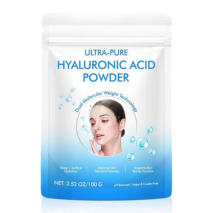 Pure Hyaluronic Acid Powder for Face & Joints, Dual Molecular Weight for Deep Hydration, Anti-Aging, DIY Serum Ingredient, Fragrance-Free, Vegan, 1 Scoop = 1 Bottle of Essence, 3.52 Oz