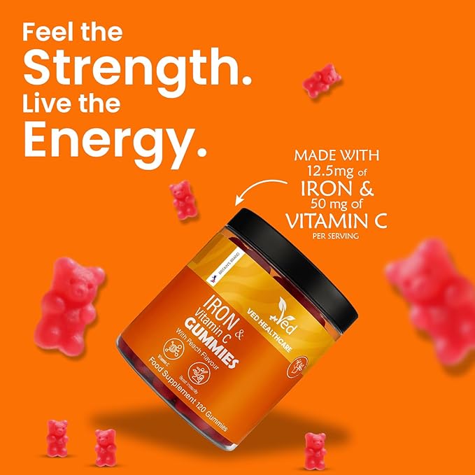 Ved Iron Supplement Gummies 12.5 mg for Women & Men - Iron Gummies with Vitamin C - Chewable Prenatal & Adult 120 Iron Gummies