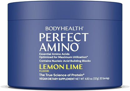 BodyHealth PerfectAmino - BCAA and EAA Powder for Pre and Post Workout - Amino Acid Energy Drink for Men and Women to Support Lean Muscle and Recovery - Lemon Lime - 20 Servings