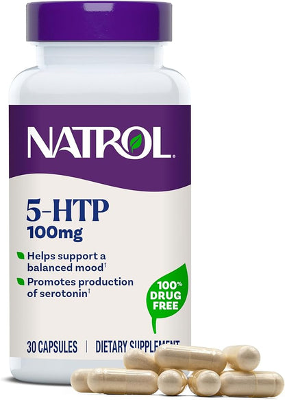 Natrol Mood + Stress 5-HTP 100 mg, Dietary Supplement for a Balanced Mood, Capsules for Adults, 30 Capsules, Up to a 30 Day Supply