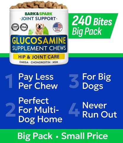 Glucosamine Chondroitin Dog Hip & Joint Supplement - Joint Pain Relief - Hip & Joint Chews for Dogs - Joint Support Large Breed - Senior Doggie Vitamin Pills Joint Health - (240 Treats - Bacon)