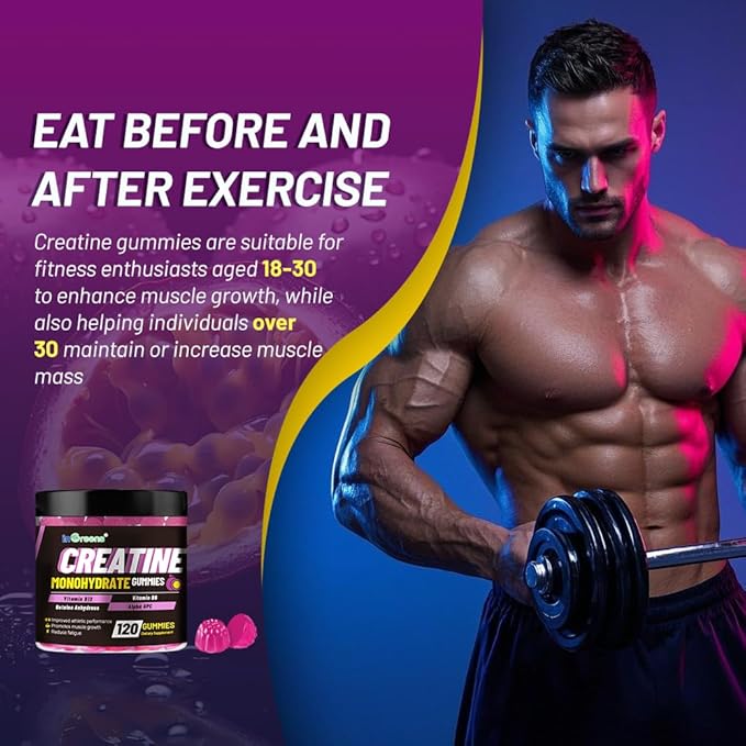 Creatine Monohydrate Gummies 6g for Men & Women, Potent Creatine Supplement, Chewables Creatine for Energy Boost, Increase Strength and Build Muscle, Gluten-Free, Sugar Free,120 Count