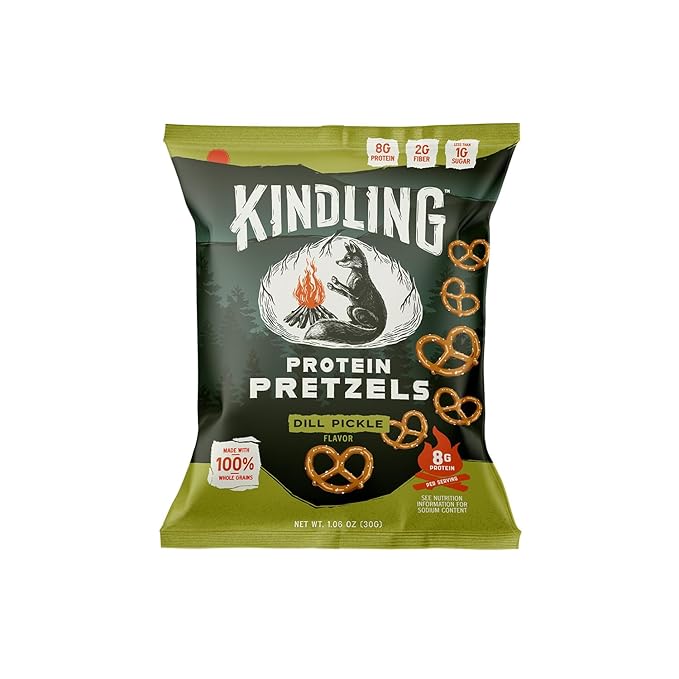 Kindling Protein Pretzels - Dill-Pickle | Protein-Packed Snack Size Bags | Kosher | 8-9g Protein Per Serving | No Artificial Flavors, Soy-Free | Lunches, Office Snacks, & On-the-Go | 16-Count (1.06oz Bags)