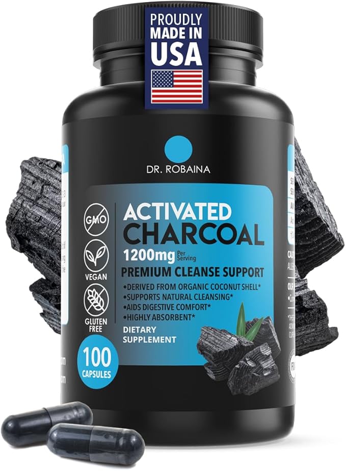 Dr. Robaina Activated Charcoal Capsules 1200 mg – Coconut-Shell Carbon for Gas & Bloating Relief, Digestive Comfort & Next-Morning Support – Vegan • Non-GMO – 100 Count, USA Made