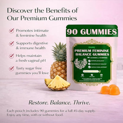 Premium Feminine Balance Gummies for Women - pH Balance Support & Vaginal Probiotic with Hawaiian Pineapple Flavor, Vegan, Gluten-Free – 90 Gummies (45 Servings)