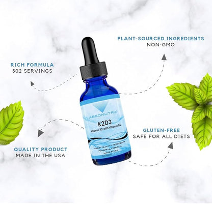 Absonutrix K2D3, 390 mg, 4 FL OZ Liquid, 302 Servings, Made in USA, Plant-Based Ingredients, Vitamin K2, Echinacea Extract, Gluten-Free, Non-GMO