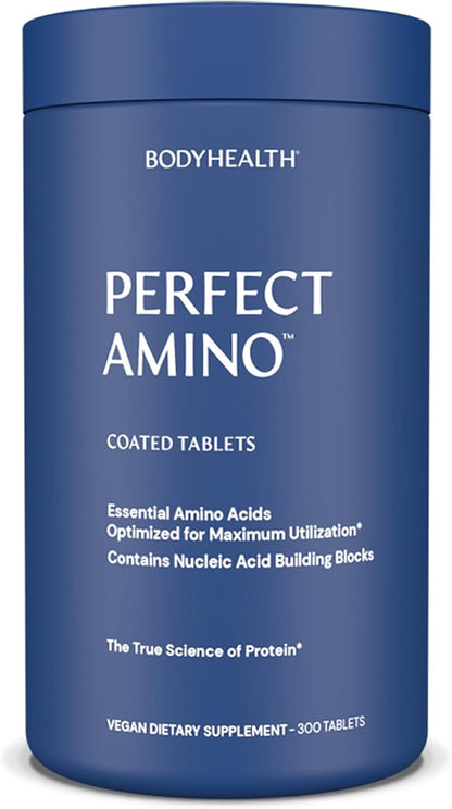 BodyHealth PerfectAmino (300 ct) Easy to Swallow Tablets, Essential Amino Acids Supplement with BCAAs, Vegan Protein for Pre/Post Workout & Muscle Recovery with Lysine, Tryptophan, Leucine, Methionine