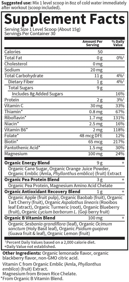 Garden of Life Sport Organic Plant-Based Recovery Powder – Muscle Recovery Supplement for Women & Men with Vitamins and Magnesium, Non-GMO, Gluten-Free, BlackBerry Lemonade Flavor, 30 Servings