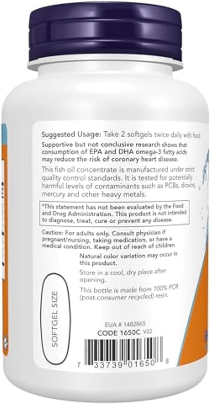 NOW Supplements, Omega-3 180 EPA / 120 DHA, Molecularly Distilled, Cardiovascular Support, 100 Softgels