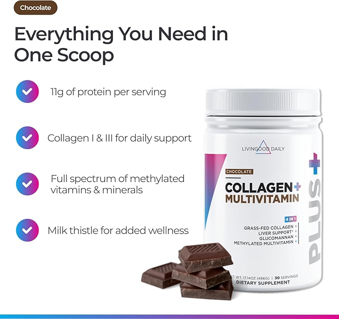 Livingood Daily Collagen Powder for Women & Men, Grass Fed Hydrolyzed Collagen Peptides, Protein & Multivitamins for Healthy Hair, Skin & Nails, Keto & Paleo, Gluten Free, Chocolate, 30 Servings
