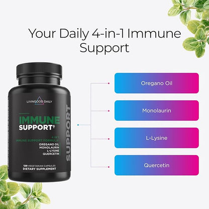 Livingood Daily Immune Support Supplement, 4-in-1 Formula with Oregano Oil, Monolaurin, L Lysine & Quercetin, Gut & Digestive Health, Gluten Free, Vegan, Non GMO, Allergen Free, 120 Capsules