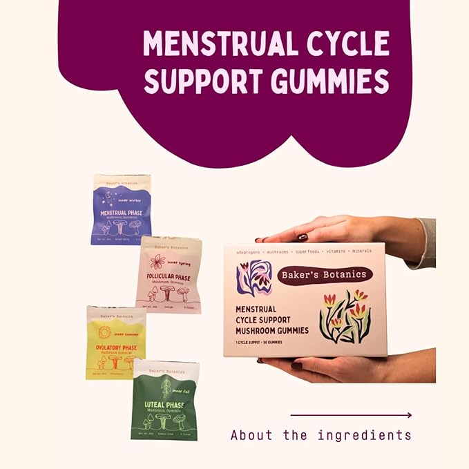 Period ovulatory & PMS Support Supplement for Women – Hormone Balance + 4-Phase Menstrual Cycle Kit | Vegan Functional Mushroom Gummies by Baker’s Botanics (Pack of 6)(30 Gummies)