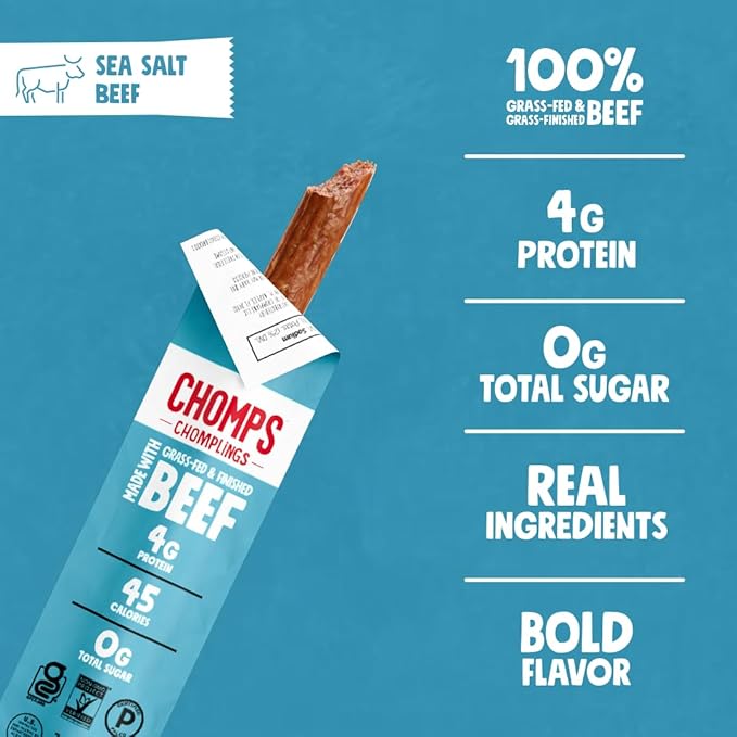 Chomps Snack Size Grass-Fed and Finished Sea Salt Beef Jerky Snack Sticks 0.5oz 24-Pack - Keto, Paleo, Whole30, 4g Lean Meat Protein, Gluten-Free, Zero Sugar Food, Non-GMO Chomplings