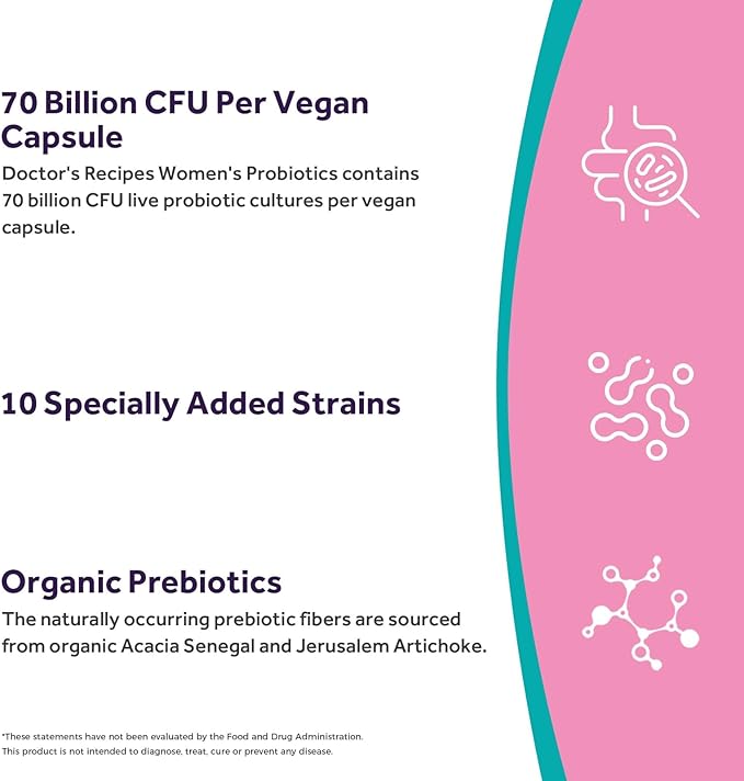 Doctor's Recipes Probiotics for Women, Organic Prebiotics and Probiotics, 70 Billion CFU, 10 Strains, Shelf Stable, 30 Capsules