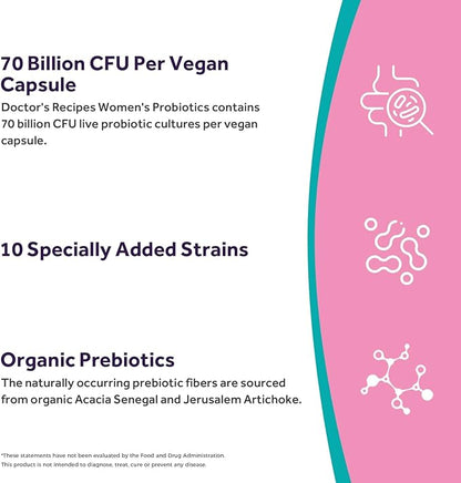 Doctor's Recipes Probiotics for Women, Organic Prebiotics and Probiotics, 70 Billion CFU, 10 Strains, Shelf Stable, 30 Capsules