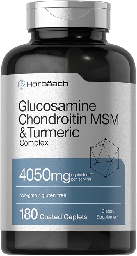 Horbäach Glucosamine Chondroitin MSM | 180 Caplets | with Turmeric | Triple Strength Formula | Non-GMO & Gluten Free Supplement