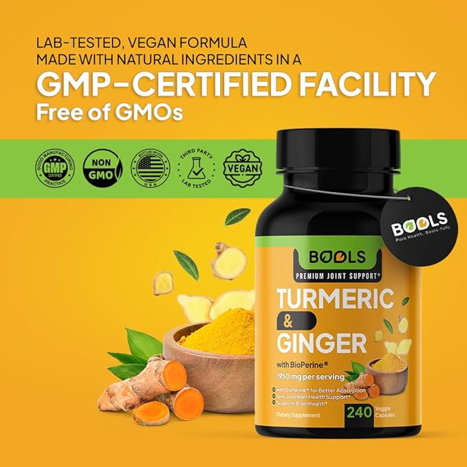 Turmeric Curcumin Supplement with BioPerine & Ginger, Turmeric Curcumin with Black Pepper 1950mg for Max Absorption Joint Support- Non-GMO Turmeric Supplement, Vegan, 240 Capsules