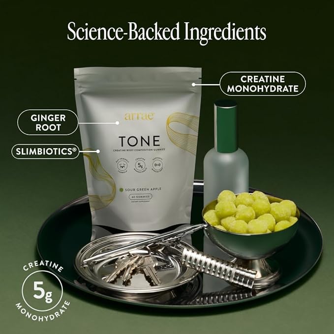 Arrae Tone Gummies – Creatine Monohydrate 5g for Women – Support Lean Muscle, Strength & Recovery – Sour Green Apple Flavor – 90 Count