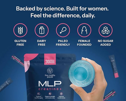 Midlife Pause MLP Creatine +, Creapure Creatine Powder, Mixed Berry 30 Servings, Stick Packs, 5g per Serving, Alpha GPC + B Vitamins Supports Strength, Lean Muscle, & Recovery for Women