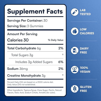 Creatine Monohydrate Gummies - Supports Muscle Growth, Recovery & Brain Function - Convenient & Easy to Take - Great Tasting Peach Flavor - 1g per Gummy, Low Sugar - 90 Count (Peach)
