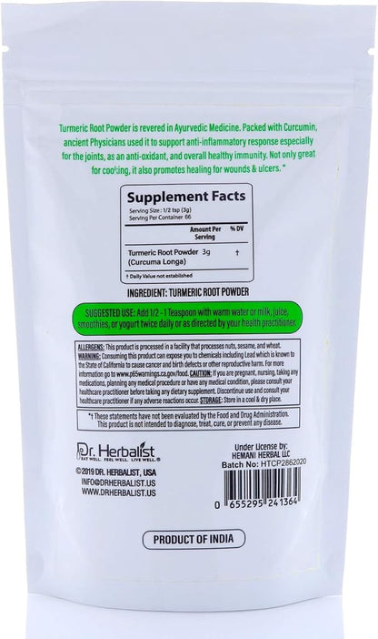 Dr. HERBALIST Turmeric Powder 200g - Premium Quality Spice for Cooking, Golden Milk, and Wellness Recipes | Vegan-Friendly, Gluten-Free, and Non-GMO