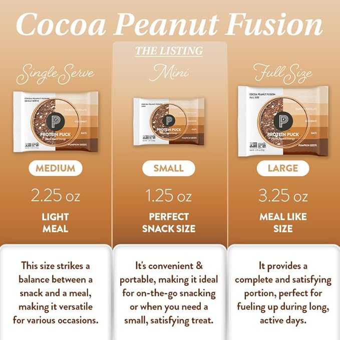 Protein Puck Vegan Plant based Protein Bar – Natural Healthy Snack Bars, 12 Count, 1.34oz Mini, Gluten Free, Dairy Free, No GMO, Kosher – Cocoa Peanut Fusion - Chocolate, Peanut Butter, Sport Nutrition