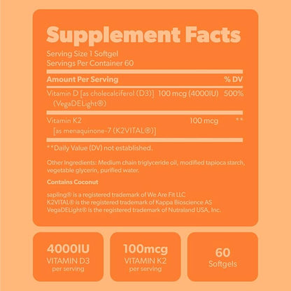 sapling Vegan Vitamin D3 + K2 Supplement with MCT Oil from Coconut - 4000 IU Vitamin D and 100mcg Vitamin K2 as Mk7 - Calcium Absorption, Bone Strength, and Immune Health Support* - 60 Softgels