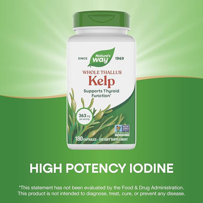Nature's Way Kelp - Kelp Supplement for Thyroid Function Support* - Botanical Ingredients - Plant-Derived Capsule - Plant-sourced Iodine - Vegan, Gluten-Free & Dairy-Free - 180 Count (180 Servings)